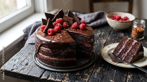 Delicious chocolate cake with raspberries on a wooden table
