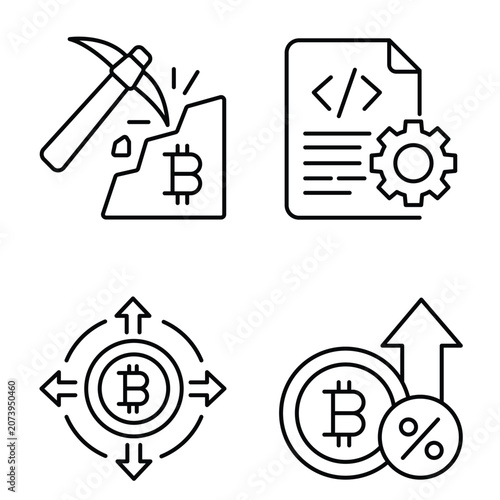 Financial technology linear icon collection for digital currency mining, smart contracts, and high yield.