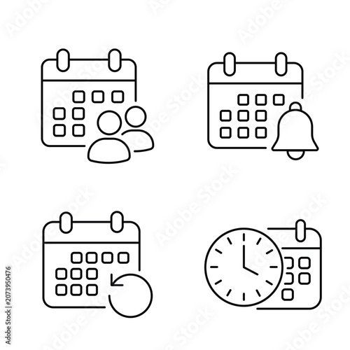 Set of calendar outline icons with clock, bell, and users. Time management linear vector symbols.