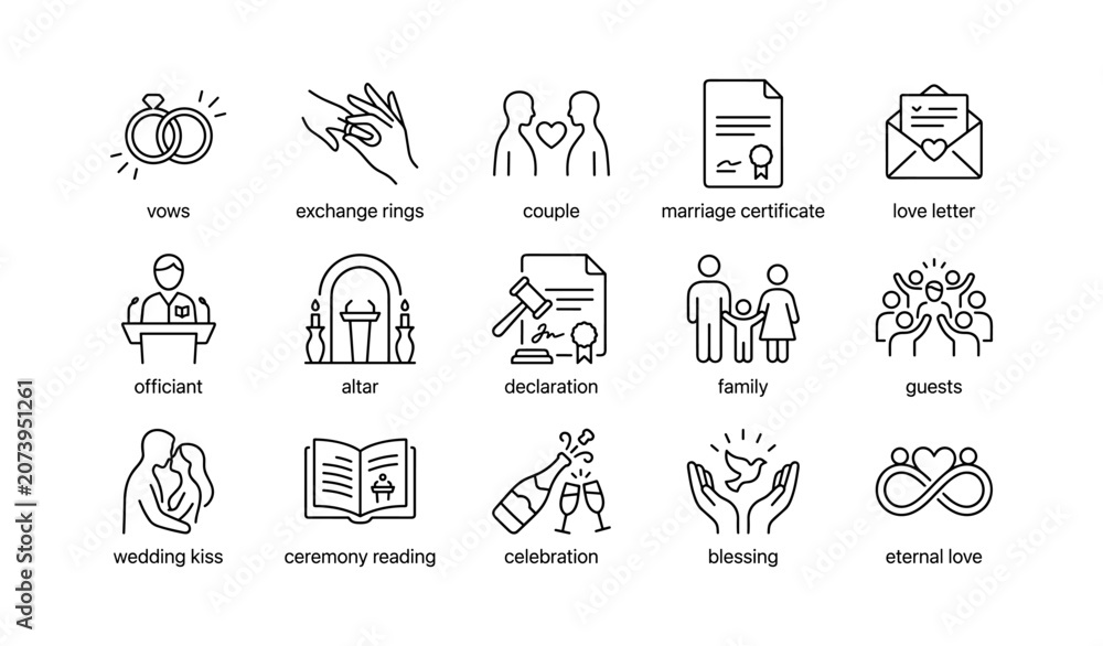 Fototapeta premium Wedding icons representing ceremony elements in grid layout