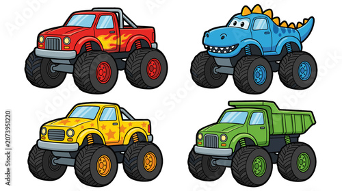 Cartoon monster truck set with colorful vehicle designs