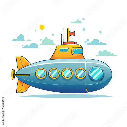 Cartoon Submarine with Ocean and Sky Background