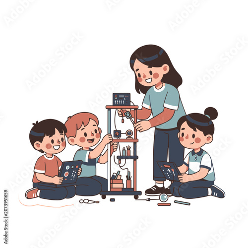 Children building a robot in a flat illustration style