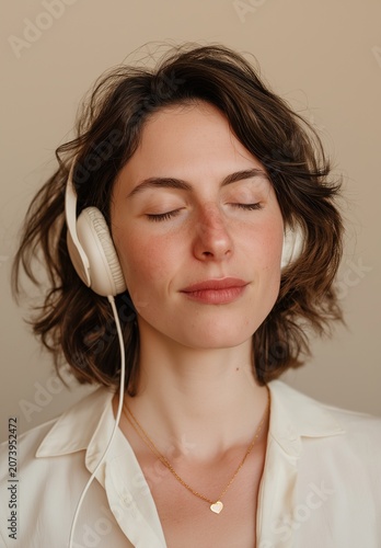 Peaceful Woman Listening to Music with Headphones and Eyes Closed