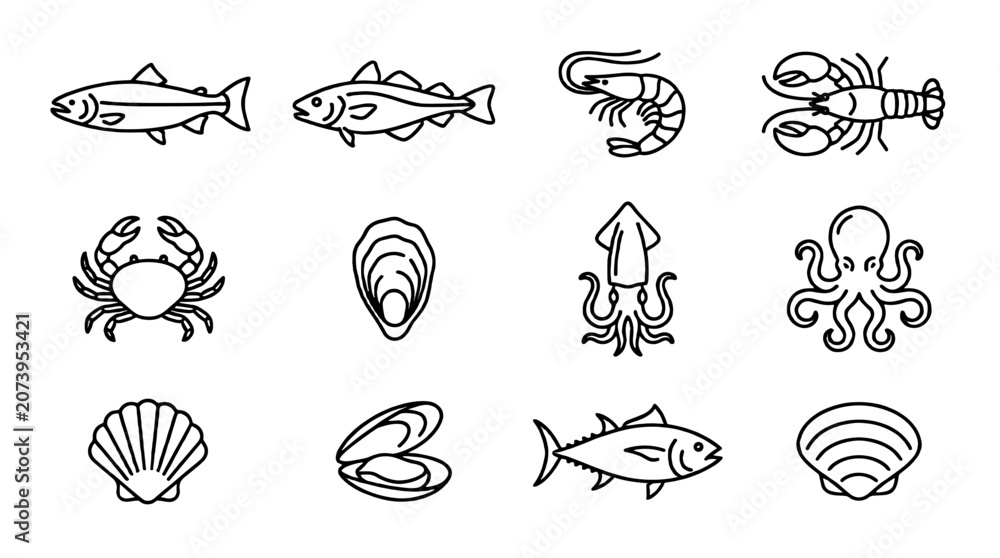 Obraz premium Seafood and marine animal outline icon set