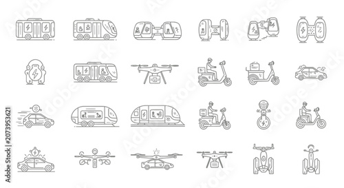 Collection of various vehicle line icons.