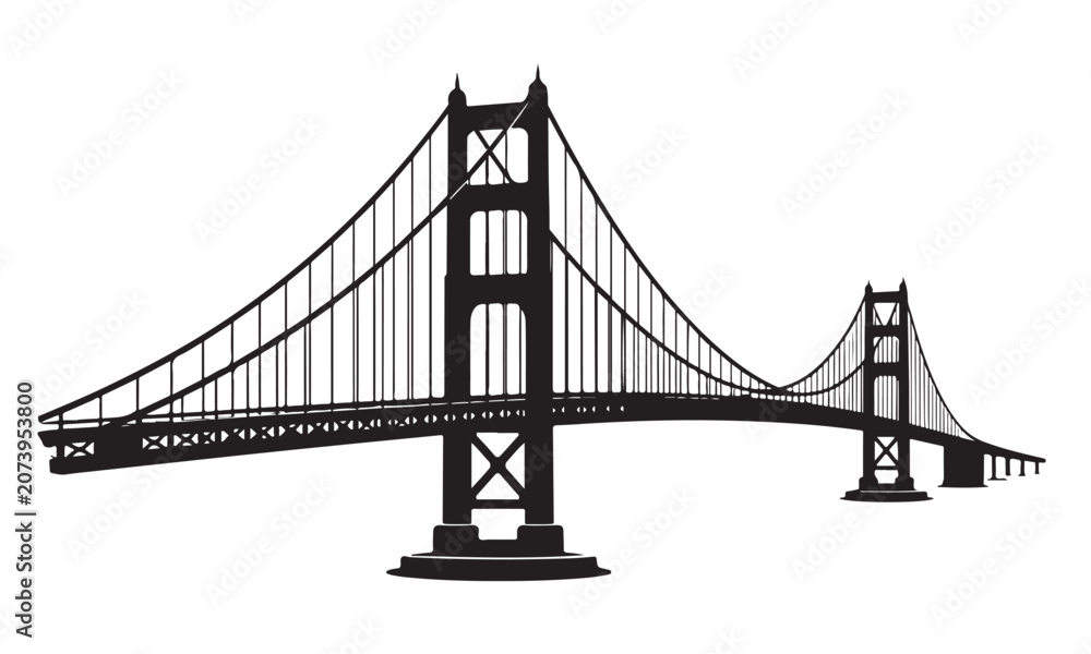 Fototapeta premium Suspension bridge silhouette, cable bridge structure, transport infrastructure, vector isolated on white