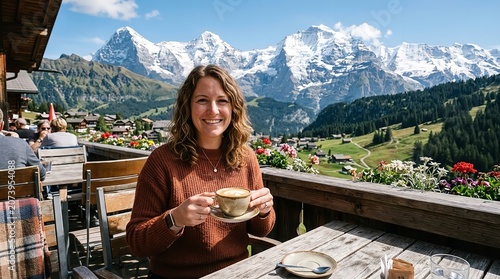 Woman enjoying coffee on mountain patio
