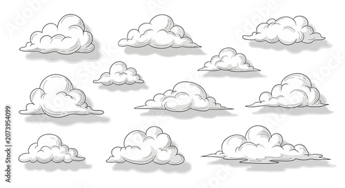 Collection of white cartoon clouds.
