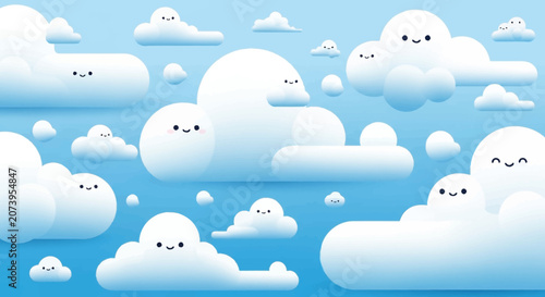 Cute cartoon clouds with smiling faces.