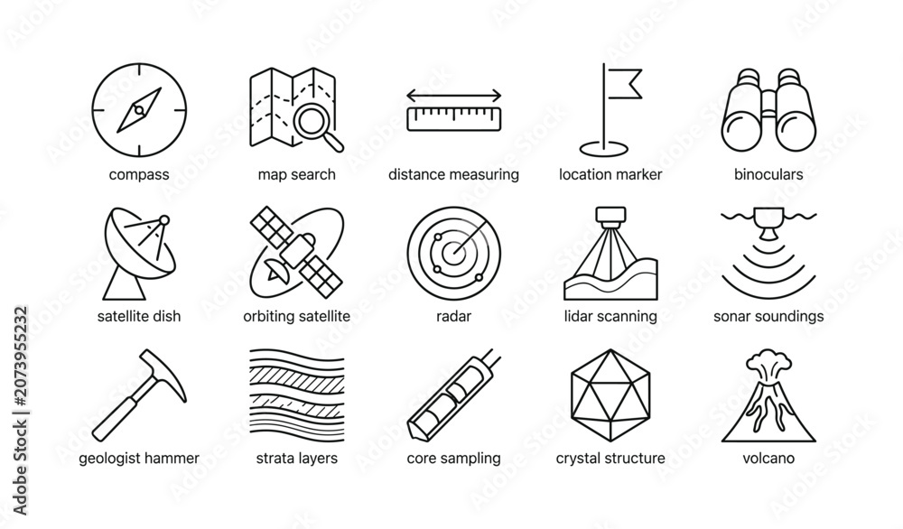 Fototapeta premium Navigation and surveying icons arranged in grid on white