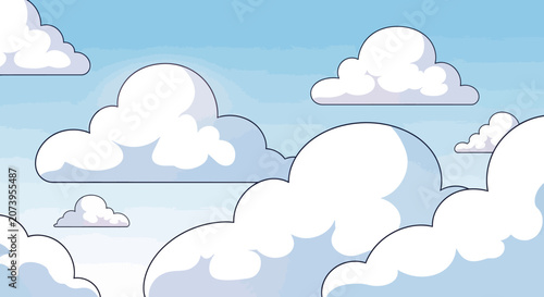 Cartoon illustration of white clouds in blue sky.