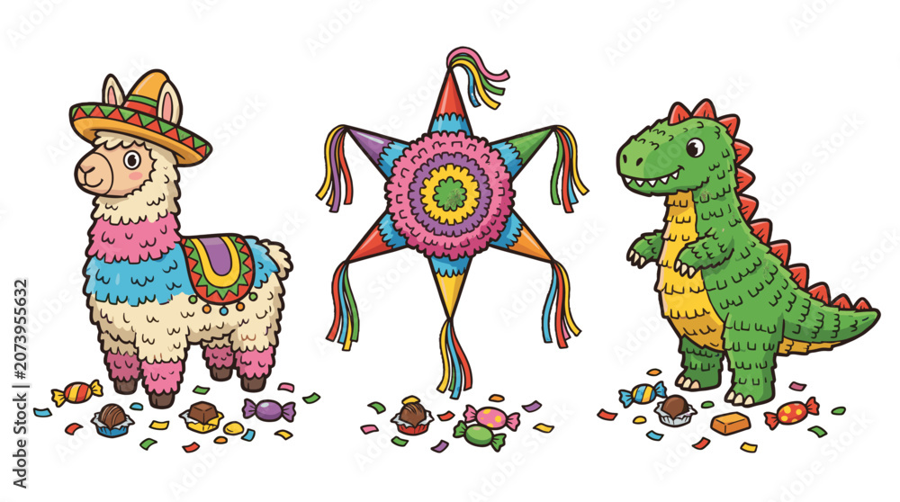Obraz premium Cute party llama, star pinata, and dinosaur cartoon set