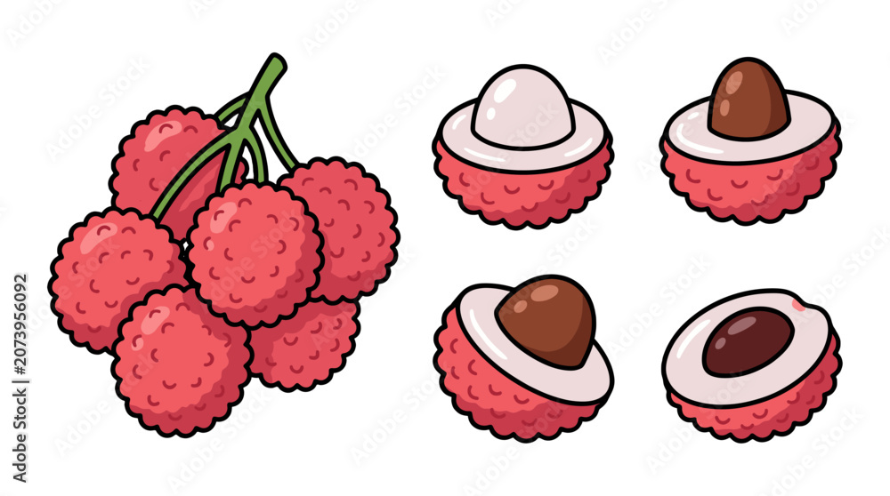 Obraz premium Lychee fruit set with whole bunch and peeled pieces