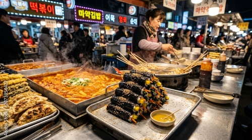 Authentic Korean Street Food Display with Mayak Gimbap, Tteokbokki, Mandu, and Fish Cake Skewers
