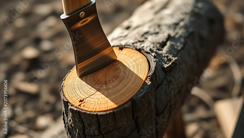 A sharp axe cleanly splitting a dry log, detailed wood grain visible.