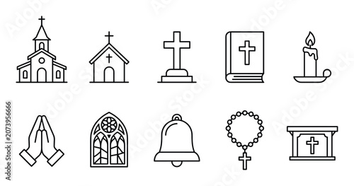 Christian religious symbols and spiritual icons set featuring church, cross, bible, candle, and praying hands in a modern outline style.