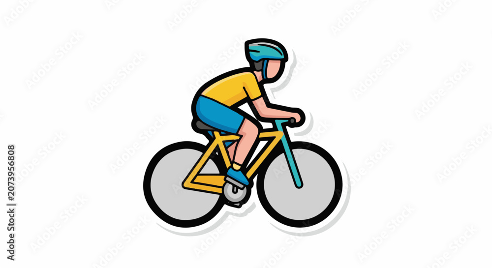 Obraz premium A cartoon cyclist wearing a yellow shirt, blue shorts, and a helmet rides a bicycle
