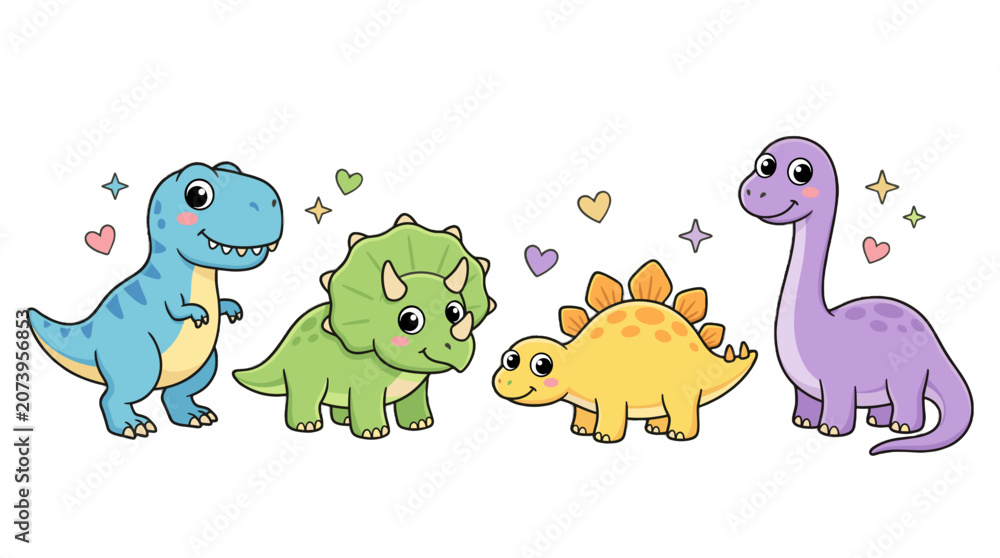 Obraz premium Cute cartoon dinosaur set with four colorful prehistoric animals