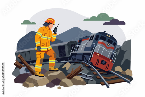 Foto Emergency Rescue Worker Coordinating at Train Derailment Site