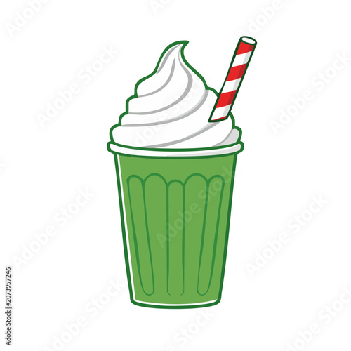 Green soft serve ice cream cup with whipped cream and straw