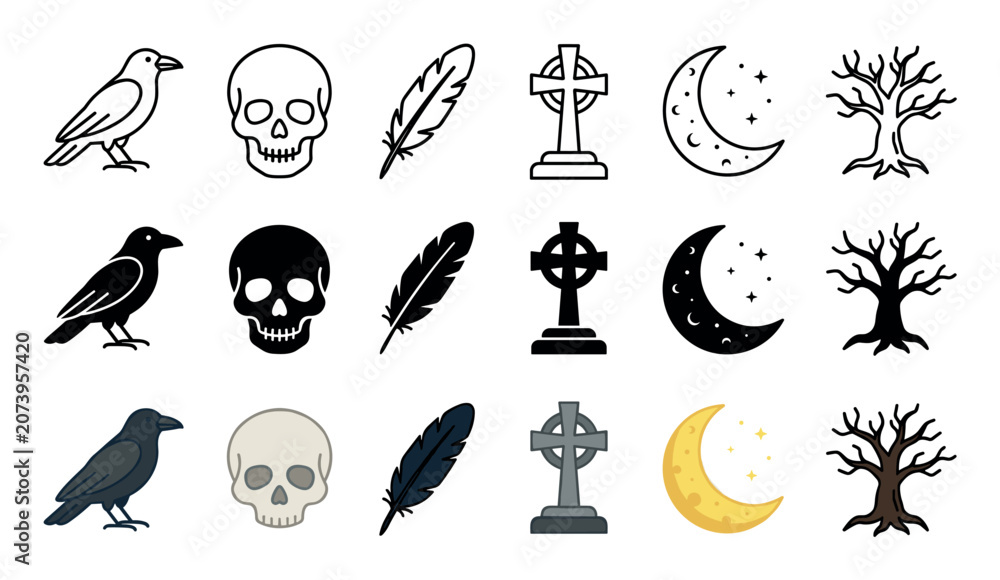 Fototapeta premium Gothic Halloween mystical icons collection featuring raven skull feather Celtic cross crescent moon and bare tree in various styles.