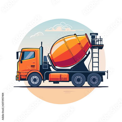 Orange truck with blue container side view vector