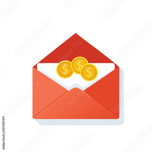 Red money bag with gold coins flat design