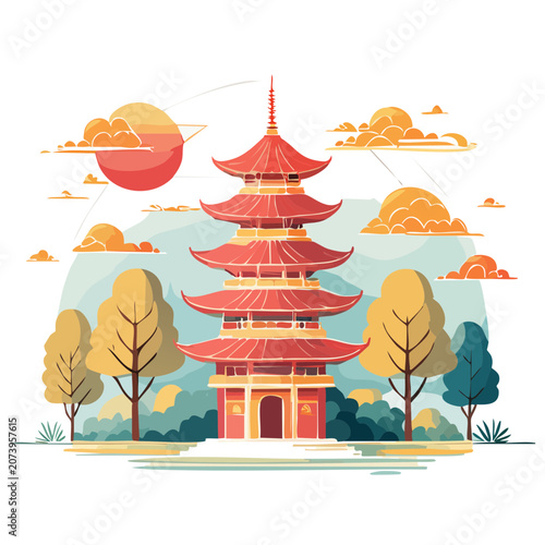 Traditional East Asian Pagoda in Flat Illustration Style