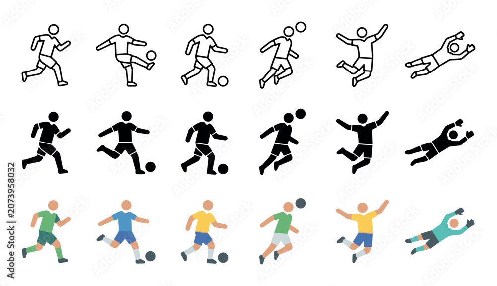 Fototapeta premium Soccer football players icon set showing various actions like running, kicking, heading, and a diving goalkeeper in outline, silhouette, and flat design styles.