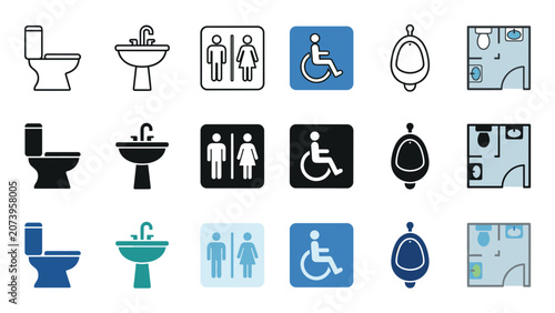 Bathroom restroom toilet sink urinal icons symbols collection for public facilities and accessibility signage design elements in various styles.
