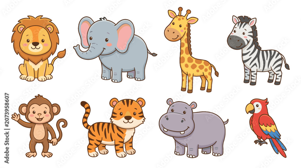 Fototapeta premium Cute cartoon safari and jungle animals set illustration