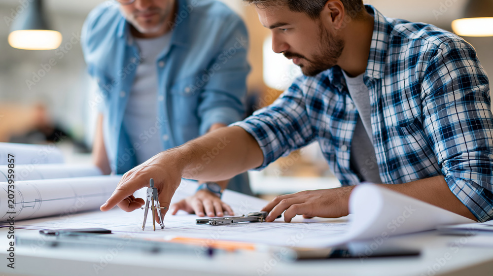 Fototapeta premium Faceless colleagues reviewing architectural blueprints together with compasses and drawing tools at office desk, architecture planning concept, engineering design photography,