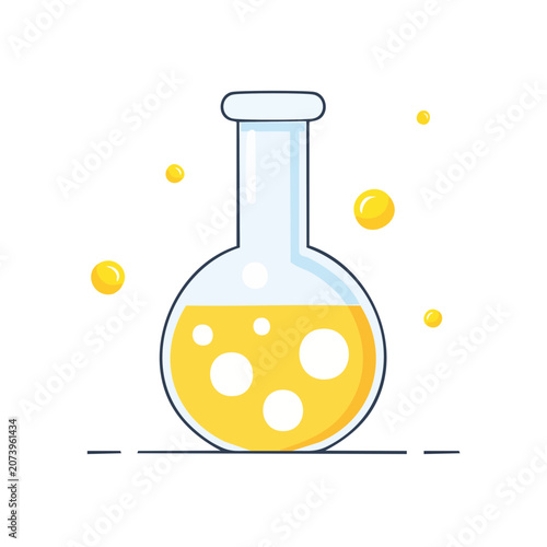 Yellow laboratory flask with liquid and bubbles