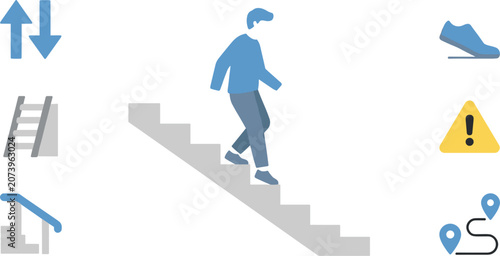 Foto Stair safety navigation icons set with man walking downstairs ladder handrail wa
