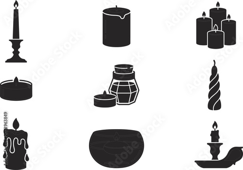 Konstfotografi Aromatic melting candle silhouette icons set with candlestick flame spiral candl