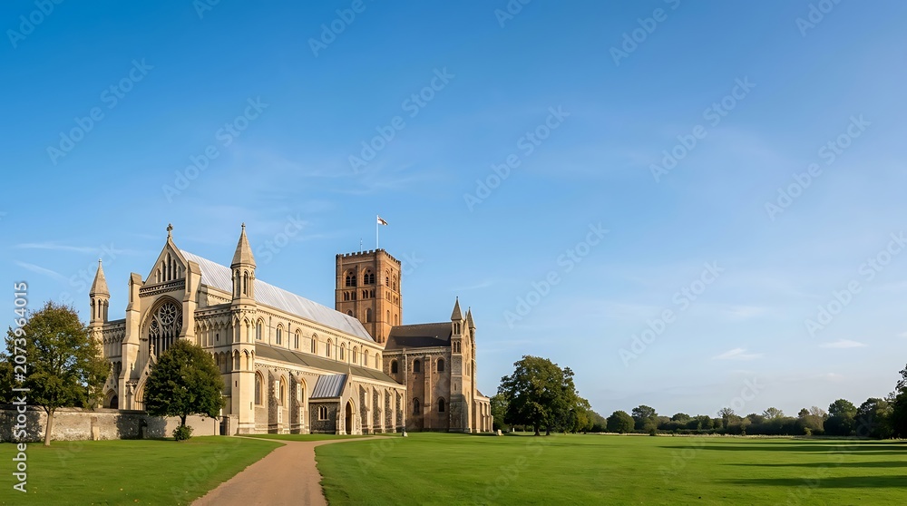 Fototapeta premium Majestic stone abbey building on a vast green lawn under blue sky