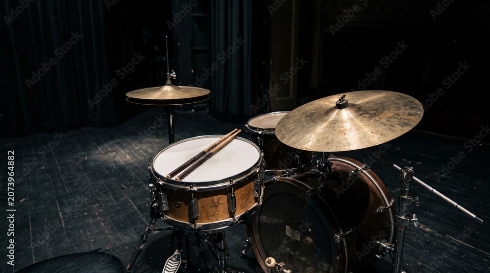 Obraz premium A close-up view of a drum kit set up on a dimly lit stage, ready for a performance