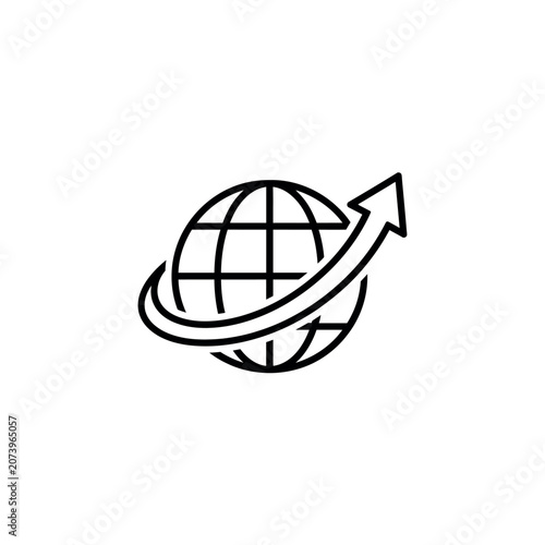Global Growth Arrow Wrapped Around Minimalist World Icon Line Art
