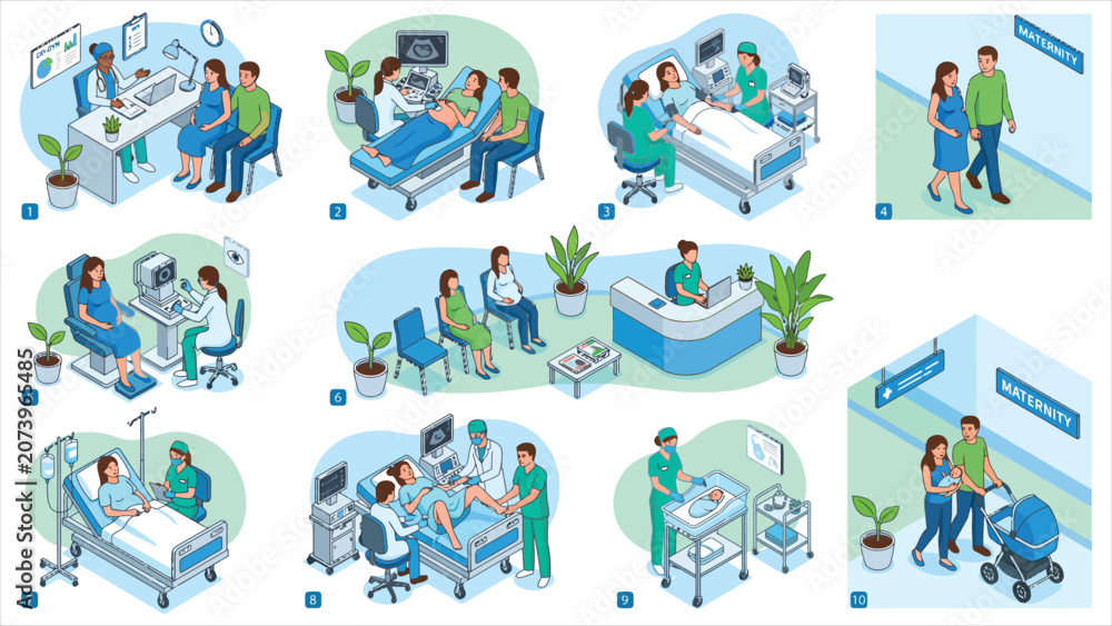 Fototapeta premium Pregnancy Maternity and Childbirth Isometric Vector Icon Set with Medical Consultation Ultrasound Screening Delivery and Newborn Care Scenes.