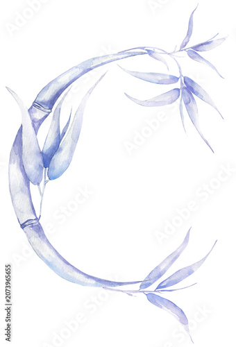 Watercolor blue bamboo leaves branch composition, hand drawn delicate bamboo leaf wreath clipart, nature clipart, zen clip art