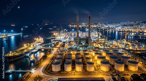 A serene night view of a sprawling industrial refinery port with storage tanks and a large docked tanker