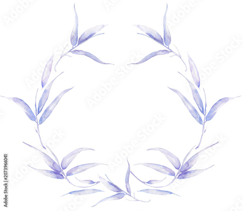 Watercolor blue bamboo leaves branch composition, hand drawn delicate bamboo leaf wreath clipart, nature clipart, zen clip art