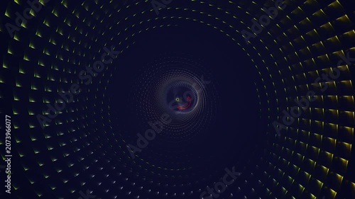 Geometric block tunnel with rotating patterns of vibrant red and orange neon light. 3D rendering