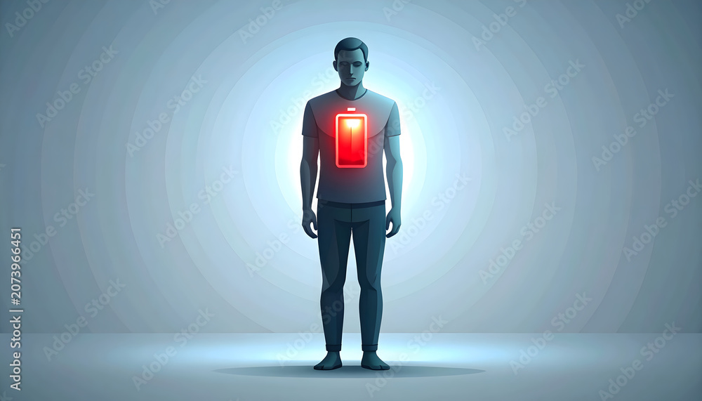 Fototapeta premium Battery icon on human chest showing low charge creating quiet melancholic exhausted burnout atmosphere generative AI