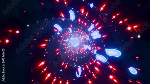 Abstract 3D animation of a futuristic spiral tunnel made of glowing red and blue capsule shapes. 3D rendering