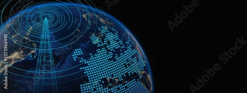 Global communication network with antenna broadcasting radio waves across digital world map on dark background.