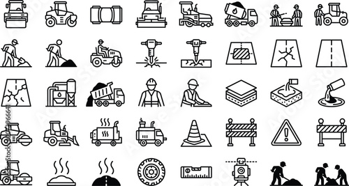 Tableau sur toile Road construction line icons set featuring heavy machinery asphalt paving workers maintenance equipment isolated on white background