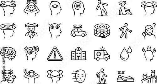 Cuadro en lienzo Dizziness and vertigo line icon set featuring headache symptoms mental confusion medical care isolated on white background