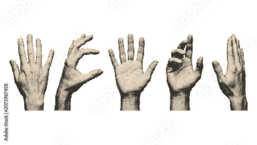 Vintage retro halftone hands set in various gestures with circle dots pattern isolated on transparent background